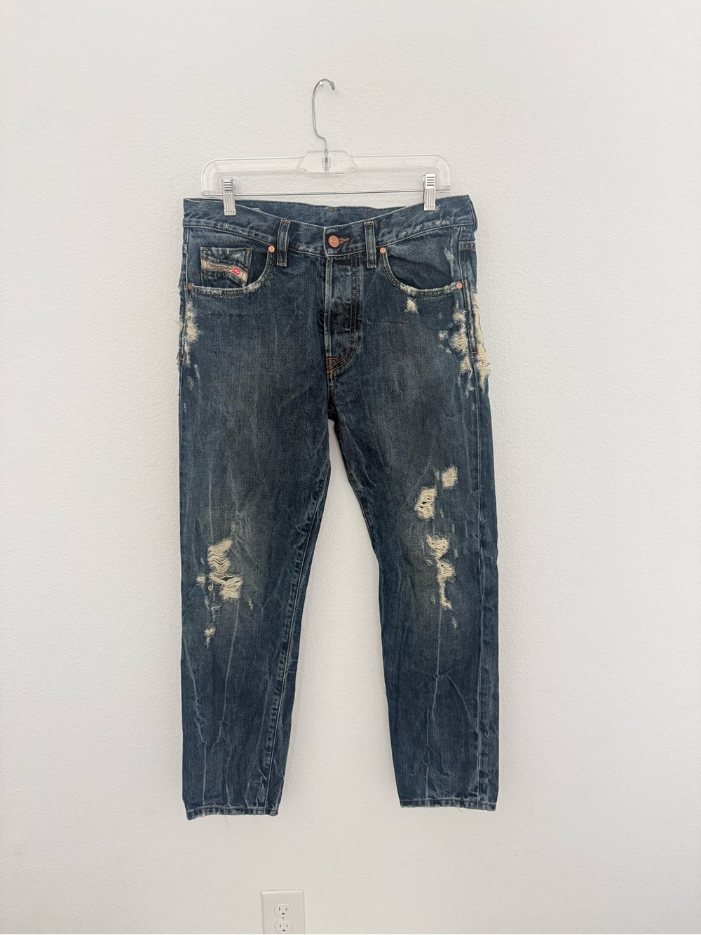 Diesel Mharky Jeans Men 32x32 Blue Distressed Ripped Slim Skinny Italy